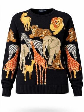 Vintage 90s Animal cotton sweater Womens Medium Safari Jungle African Animals
